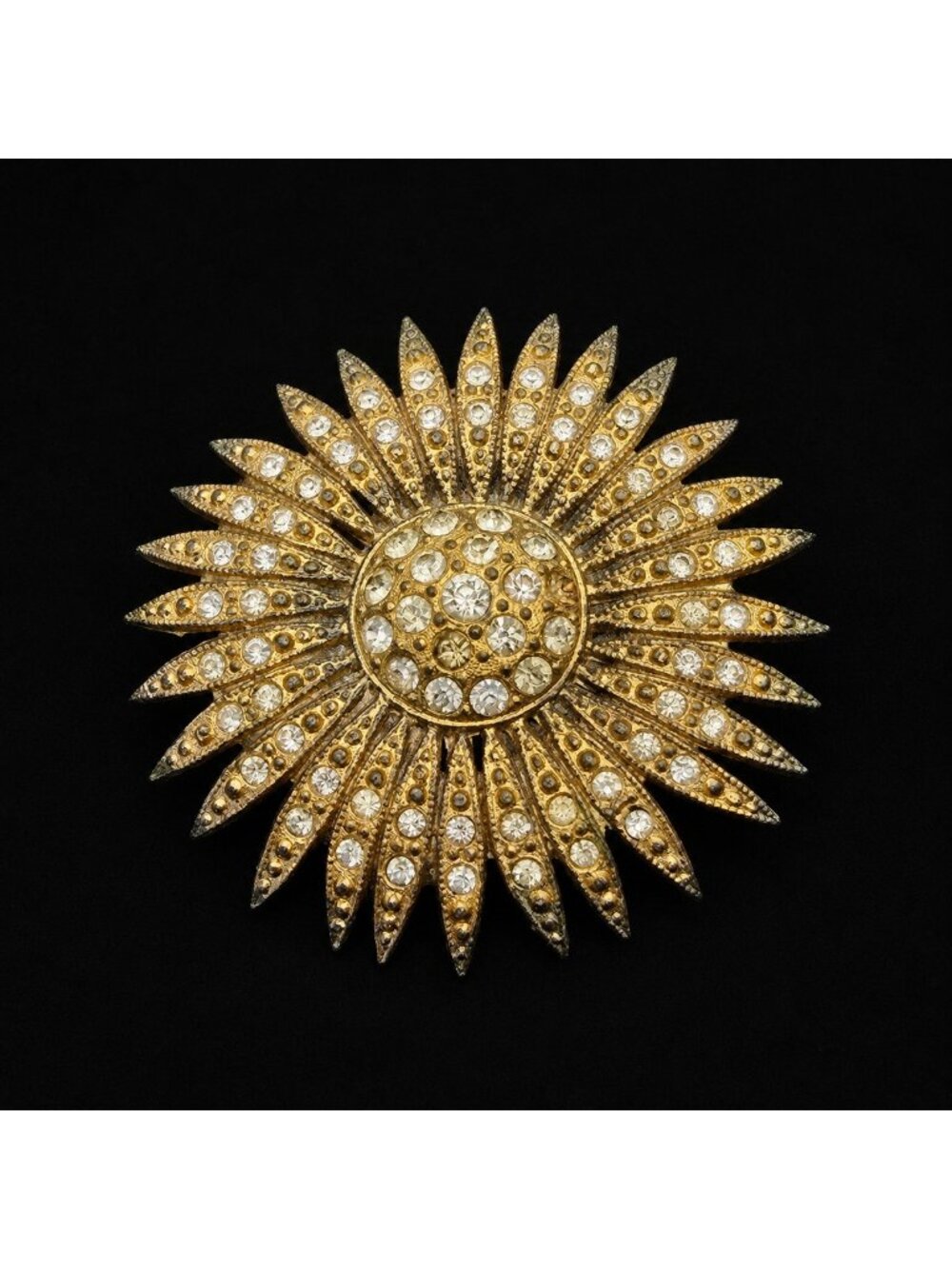 Vintage Rhinestone Sunburst Brooch Gold Tone Starburst Pin Mid Century Atomic